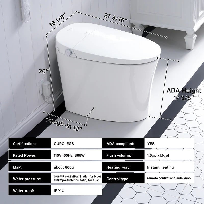 Elongated Smart Bidet Toilet in White with Built - in Tank, Foot Sensor Function, Auto Flush,12 - in Rough - In 1.6 GPF - Bidet Smart Store