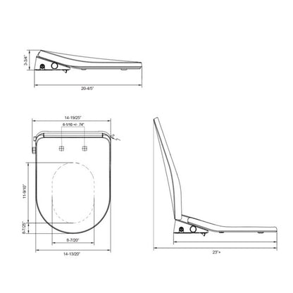 Durable SLIMS bidet seat with quick-release cleaning and gentle water technology with toilet dimensions