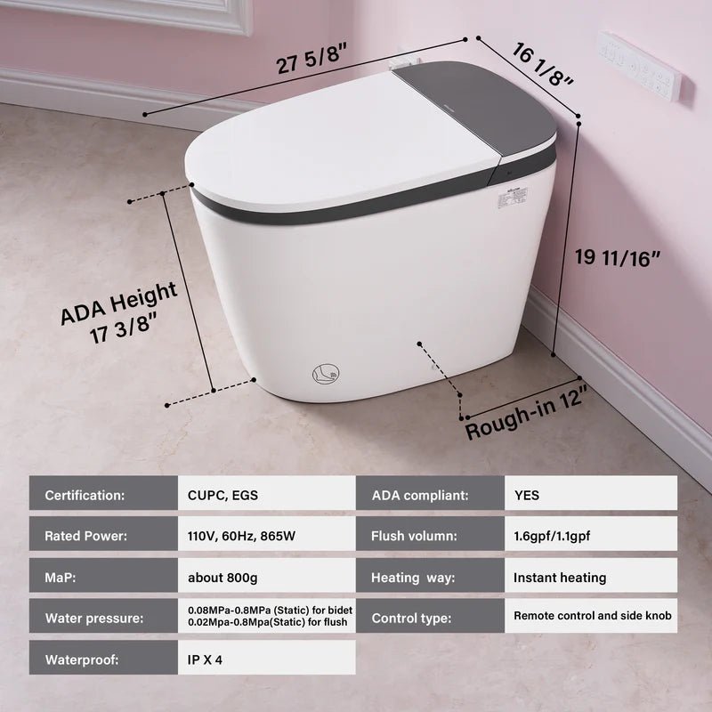 Elongated Smart Bidet Toilet in White with Built - in Tank, Foot Sensor Function, Auto Flush,LED Display, 12 - in Rough - In 1.6 GPF - Bidet Smart Store