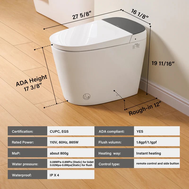 Elongated Smart Bidet Toilet in White with Built - in Tank, Foot Sensor Function, Auto Flush,LED Display, 12 - in Rough - In 1.6 GPF - Bidet Smart Store